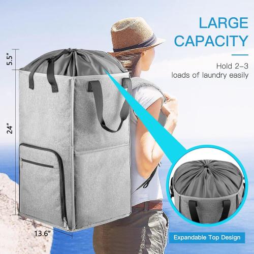 Size Extra Large Color Grey Laundry Backpack Bag, Extra Large 2 in 1 Laundry Hamper Basket for College Students Dorm Essentials, Adjustable Shoulder Straps, Freestanding Laundry Bag for Apartment, Laundromat, Travel