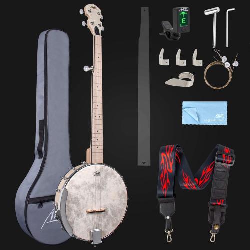 AKLOT 5 String Banjos Full Size Open Back Banjo Adjustable Maple Body Remo Head with 2 Tuning Wrench, 4 Picks, Strings, Tuner, Strap Ruler, Cleaning Cloth, Gig Bag for New Beginner Professional