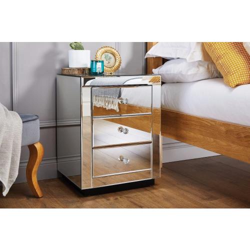 Furniturebox Italian Mirrored Nightstand - 3 Drawers Stunning Finish Bright Modern Bedside Table (the glass on the top is broken,  see the pictures)