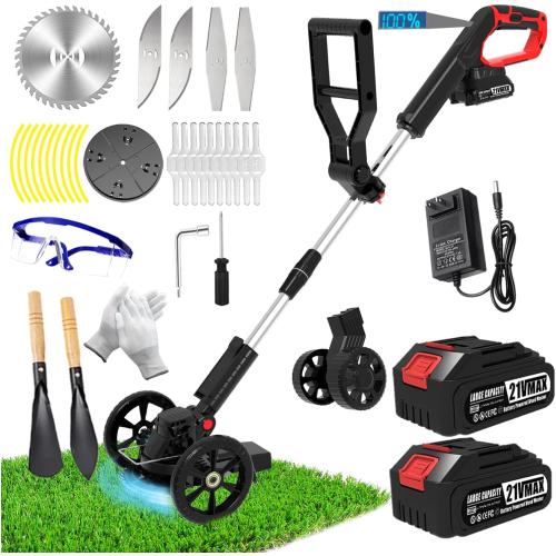 Electric Weed Wacker Eater Cordless, Weed Wacker Battery Powered, Weed Trimmer with 2 21V/2Ah Battery Operated & 25 Blades & Wheels, No-String Grass Trimmer/Brush Cutter/Edger for Garden Yard