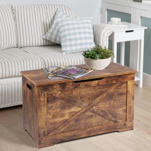 Brown 15.7 x 31.5 x 18.9 Storage Chest, Wooden Storage Bench, Entryway Shoes Bench with 2 Safety Hinges, Retro Storage Trunk for Living Room, Bedroom, 15.7 x 31.5 x 18.9 Inches, Rustic Brown