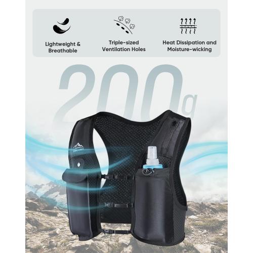 Black Running Vest for Women Men, USA Original Patent, Adjustable Chest Straps Running Hydration Vest with 500ml Soft Flask, Lightweight Reflective Hydration Backpack for Marathon