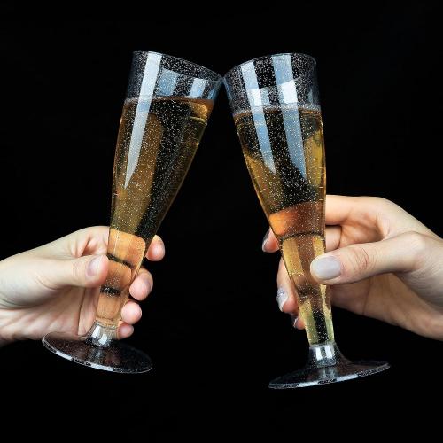 100 Pack Champagne Flutes Plastic, 4.5 oz Silver Glitter Plastic Disposable Stemware, Disposable Champagne Flutes for Party, Mimosa Bar, Wedding, Anniversary and Graduation
