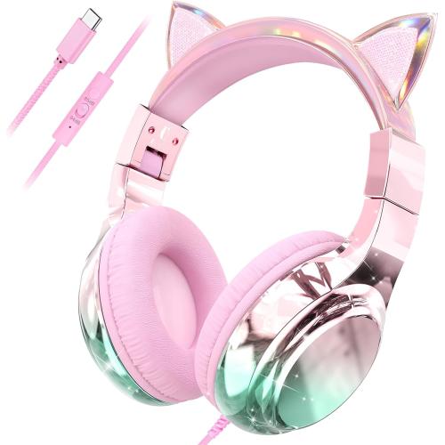 QearFun USB C Kids Cat Ear Wired Headphones with Mic, 85/94dB Volume Limit
