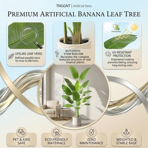 Artificial Bird of Paradise Plant：7FT Tall Fake Traveler’s Palm Tree | Faux Banana Tree Elephant Ear Leaf Silk Floor Plant in White Pot for Home Decor Indoor Office Entryway Balcony Patio café