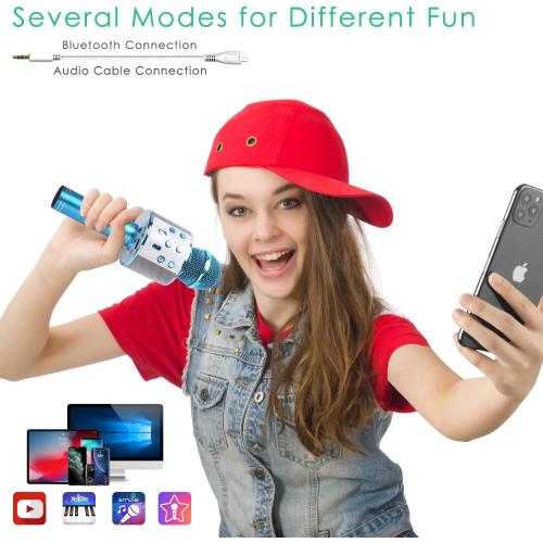 KIDWILL Wireless Bluetooth Karaoke Microphone for Kids, 5-in-1 Portable Handheld Karaoke Mic Speaker Player Recorder with Adjustable Remix FM Radio for Kids Girls Boys Teens Birthday (858-Blue)