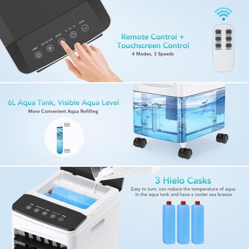 Evaporative Air Cooler, 3-in-1 Portable AC Cooling Fan 3 Modes 3-Speed with Remote, 3 Ice Boxes, No Window Needed Air Conditioners with 6L Tank for 20H Cooling, for Home, Bedroom, Kitchen, Living Room