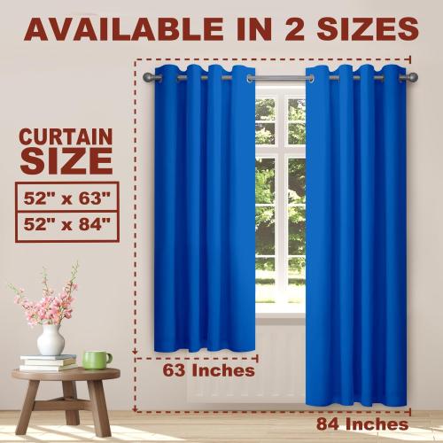YHSF Blackout Curtains - Room Darkening Grommet Curtains for Bedroom, Living Room, Office and More - Solid Plain Design, Light Blocking, Elegant Home Décor - 52x84 Inches, Two Panel, Royal Blue