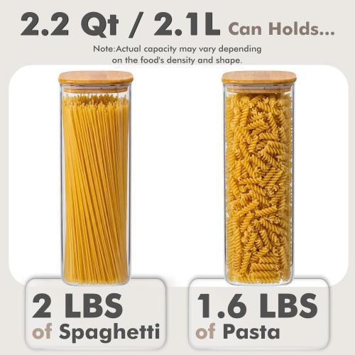 3-Pack 2.2Qt Square Glass Spaghetti Jars with Bamboo Lids