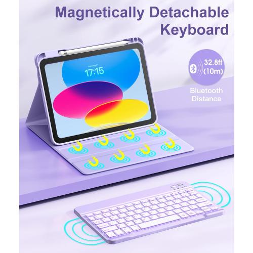 Hamile for iPad 11th 10th Generation Case with Keyboard - 7 Colors Backlit Wireless Detachable Folio Keyboard Cover with Pencil Holder for iPad 11-inch A16 2025 10th Gen 10.9 Inch 2022 (Purple)