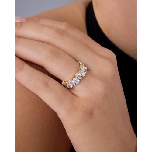 PAVOI 14K Gold Plated Pear Love Eternity Rings for Women | Gold Cubic Zirconia Ring | Bridal Eternity Wedding Band Ring