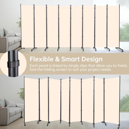 Room Divider 8 Panel Room Dividers/Wheels, Fabric Room Divider Panel for Office Room Partitions and Dividers, Portable Partition Wall Divider for Room Separation, Freestanding Privacy Screen Indoor