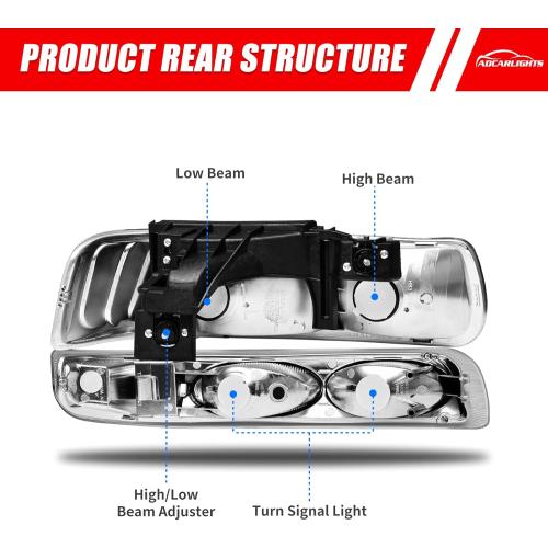 ADCARLIGHTS Headlight Assembly for 1999 2000 2001 2002 Chevy Silverado 1500 2500/1500HD 2500HD 3500/2000-2006 Tahoe/Suburban Chrome Housing Amber Reflector Pair