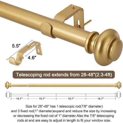 SIMEWIN Gold Curtain Rods for Windows 28 to 48 Inches Adjustable Decorative 1 Inch Diameter Single Window Curtain Rod Set with Classic Finials, Gold Finishing
