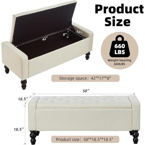 50 W Storage Ottoman Bench with Safety Hinge, Load up to 660 lb Ottoman with Storage, Upholstered Tufted Entryway Bench with Seating for Living Room, Bedroom, Entryway, Beige