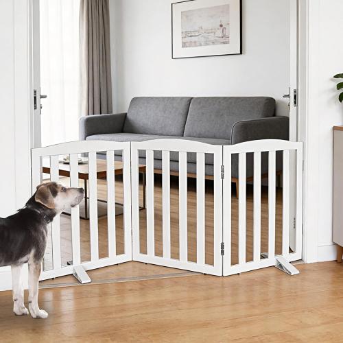 Freestanding Dog Gate Indoor,Doggie Gate Foldable Dog Gates for Doorways,Stairs or Hallways, Wooden White Pet Gate for The House, Pet Fence with Support Feet Included,24 Height-3 Panels