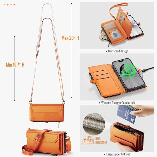 Strapurs for iPhone 17 - Zipper Strap Wallet Case for Women, Orange