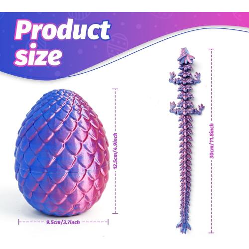 3D Printed Dragon Easter Basket Stuffers - Red Blue - 12 Flexible Crystal Dragon with Egg, Unique Easter Toy Gift for Kids&Adults, Fidgets, Desk Pet Figure