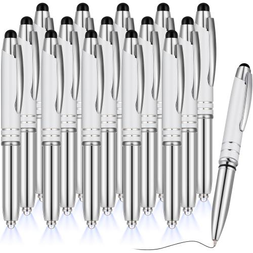 Zonon 15 Pieces LED Ballpoint Pen with Stylus Tip, Multi-Function Capacitive Pen with LED Flashlight, 1.0 mm Black Ink Metal Ballpoint for Touch Screens, 3 in 1 Stylus(White)