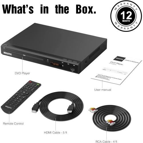 MEGATEK Region-Free HDMI DVD Player for TV, Compact CD/DVD Player for Smart TV, USB Port, Plays All Region DVDs & Multi Formats, Metal Housing, HDMI/RCA Cables & Remote Included