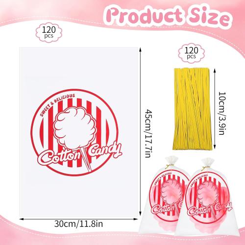 woric 120PCS Cotton Candy Bags with Ties 11.8 x 17.7 Inch Clear Cotton Candy Bags with Print for Carnivals Party Candy Sticks and Cones