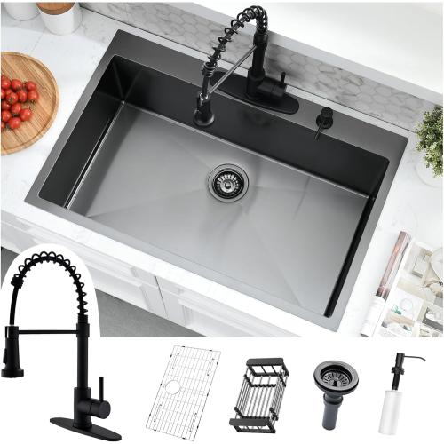 Size 36x22 Black Drop In Kitchen Sink and Faucet Combo Set - 36 Inch Black Stainless Steel Top Mount Kitchen Sink with Faucet, 10 Inch Deep Single Bowl Drop-in Sinks with Accessories
