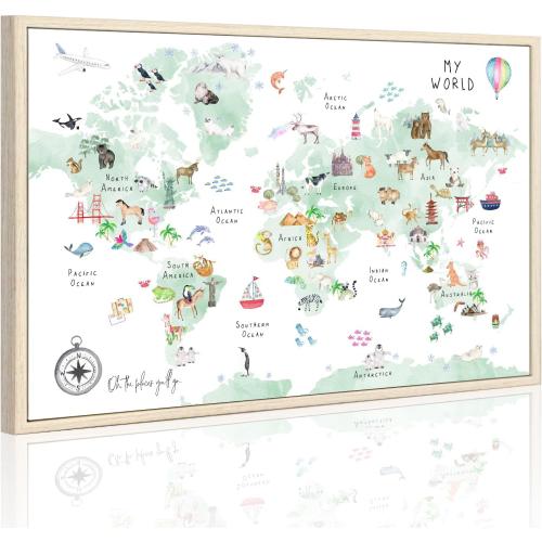 Green Kids World Map Wall Art Animal Map Canvas Art Nursery Wall Decor World Map Poster Childrens Room Decor Playroom Prints Educational Artwork 16x24 Inch framed