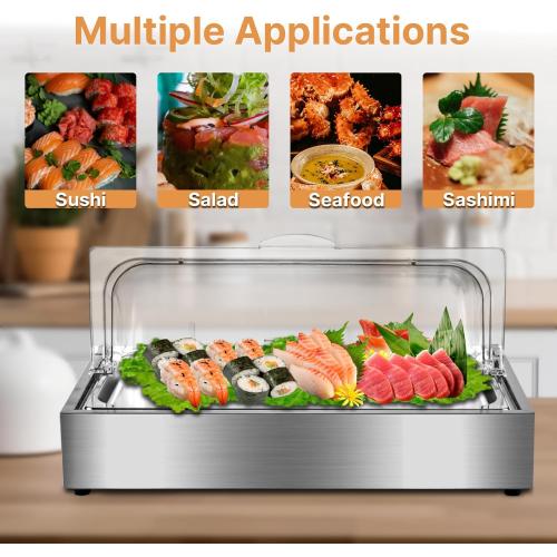 Ice Food Serving Display Tray, Cold Serving Plate with Clear Roll Top, 5QT Stainless Steel Food Serving Tray, Cooling Food Dishes Display Plate for Home, Buffet, Restaurant, Hotel and Party