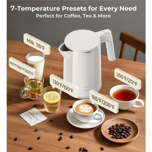 Electric Kettle Fast-Boil Stainless Steel Electric Tea Kettle, Water Boiler with Auto-Shut Off, Cool Touch PP Exterior for Home Office, White