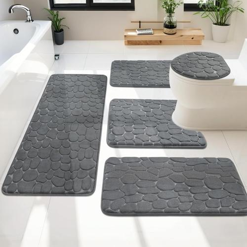 Bathroom Rugs Sets 5 Pieces, Washable Bathroom Mats Toilet Base Mat, Non-Slip Quick Drying Absorbent Bath Mat for Tub, Shower, Dark Grey