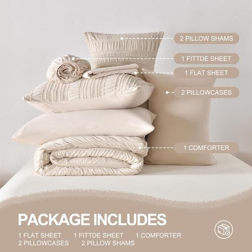 Size Queen  Beige Tufted Comforter  Queen Size Bed in a Bag，Shabby Chic Boho Bedding for Bedroom Comforter，All Season Soft Microfiber Ruffle Comforter