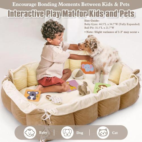 5-in-1 Plush Baby Play Gym & Activity Mat, Baby Play Mats, Baby Gym with Convertible Design, Tummy Time Mat with Pillow, 6 Sensory Toys for Newborn to Toddler, Cream