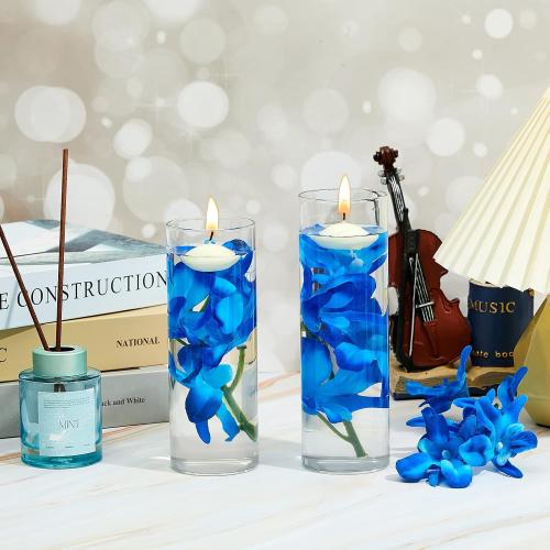 Juexica 28 Pieces Floating Flowers for Centerpieces Blue Orchid Flowers Vase Fillers Unscented Floating Candles for Wedding Table Party Home Decoration