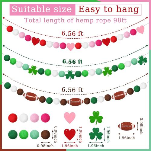 Moukeren 6 Pcs St. Patrick Day Banner 39 ft Felt Shamrock Garland Pre-Assembled Football Pom Pom Felt Banner Tailgate Party Decorations for Home Wall Mantle Office Anniversary Irish Holiday Decor