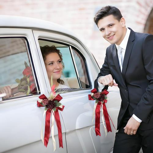 4PCS Wedding Car Door Handle Decorative Flowers, Burgundy Roses Artificial Flowers Bow Bouquet Just Married Automotive Decorations Accessories for Door Handles and Mirror(Burgundy)