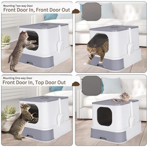 RIZZARI Large Enclosed Cat Litter Box : Covered Leak-Proof Reduces Odor - for Indoor Use Cat Owners (White)