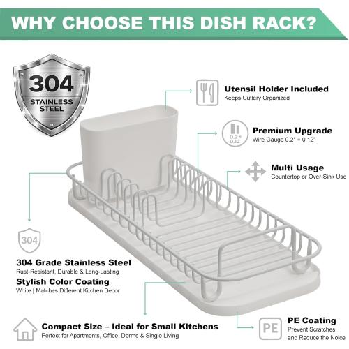 SunnyPoint 304 Stainless Steel NeverRust Compact Dish Drying Rack with Utensil Holder & Removable Drain Tray, Rustproof Small Dish Rack for Kitchen Countertop or Over Sink – White