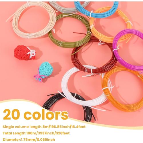 1.75mm 3D Pen Filament Refill, 20 Color PLA Filament (328 Ft) with 16.4 Ft per Color, for 3D Printing Pens, DIY Arts & Crafts Projects