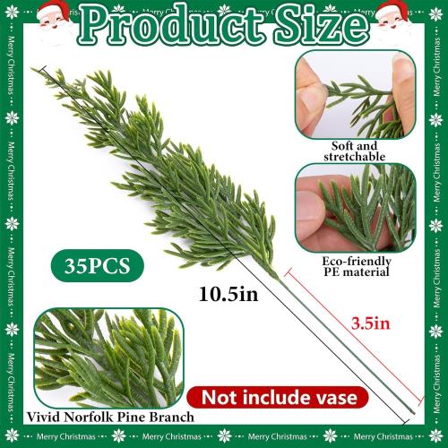 Watayo 45 Pcs Christmas Artificial Pine Branches with Red Berry Stems, 10.5 Faux Evergreen Norfolk Pine Cypress Leaves Stems, Fake Foliage Pine Needles Picks for DIY Craft Garland Home Decor