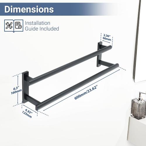 SAYAYO Double Towel Bar for Bathroom, 24 Inch Matte Black Bath Towel Rack Towel Holder Wall Mounted, SUS304 Stainless Steel