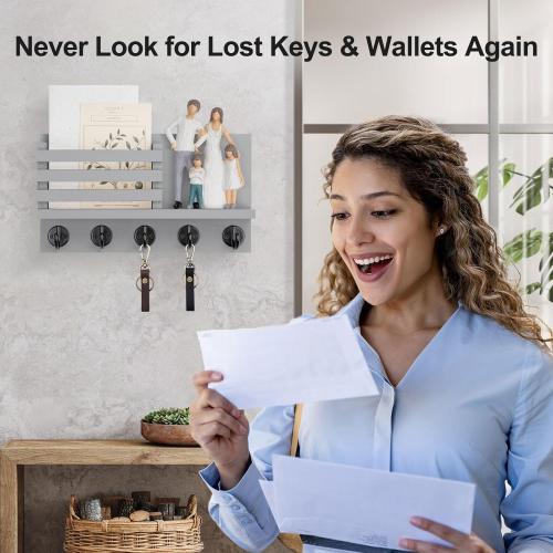 Key Holder for Wall – Decorative Wooden Mail Holder and Key Shelf with Mounting Hardware, Installation Guide – Paulownia Wood with 5 Metal Key Hooks (11.8” x 6.7” x 2.8”)