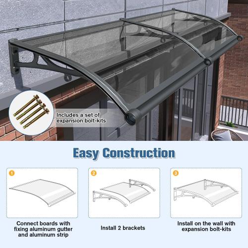 Awning for Door Entrance, Window Awnings Exterior with Aluminum Bracket Polycarbonate Board, Patio Balcony Porch, Uv Rain Snow Protection, with Drainage Channels, Gray 80x100cm/31 x39