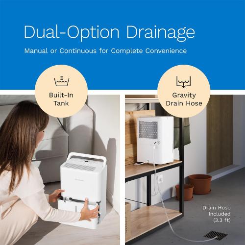 WHITE hOmeLabs 1,000 Sq. Ft Portable Dehumidifier - Ideal for Home Bedroom, Bathroom, Office and Small Sized Rooms - Ultra Quiet, Compact with Drain Hose Included - 8 pint