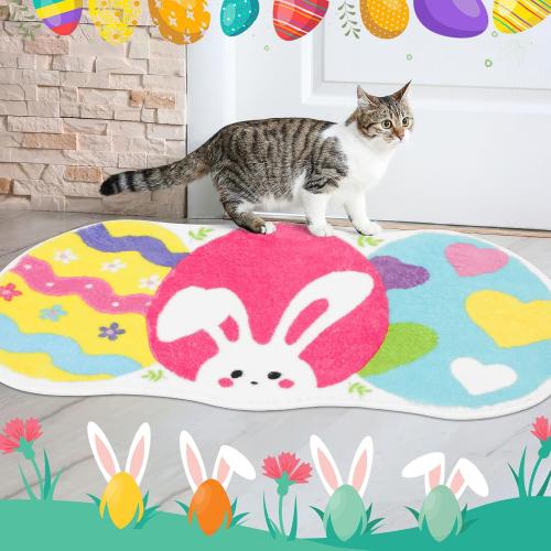 FEBSNOW Easter Bunny Egg Bath Mat, 15.75 x 29.5 Inches, Multicolor, Cartoon Style, Non-Slip, Machine Washable