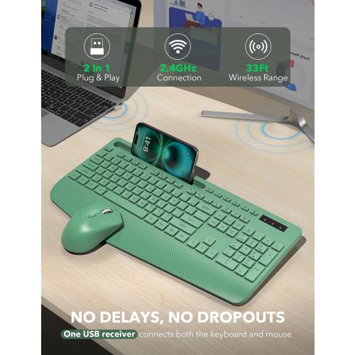 Wireless Keyboard and Mouse Combo - Full-Sized Ergonomic Keyboards with Wrist Rest, Phone Holder, Sleep Mode, Silent 2.4GHz Cordless Combo for Computer, Laptop, PC, Mac, Windows -Trueque