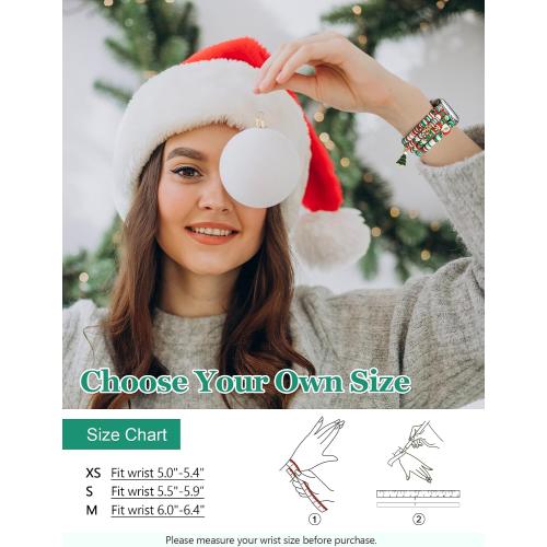 Christmas Beaded Bracelet Band Women Compatible with Apple Watch 42mm(S3/2/1) 44/45/46/49mm Cute Preppy Handmade Elastic Stretch Strap for iWatch Series 11/10/9/8/7/6/5/4/3/2/1/SE/Ultra (M)