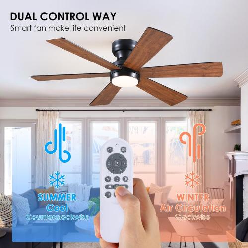 Asyko 46Brown 6-Blade Modern Low Profile Ceiling Fan with Light and Remote