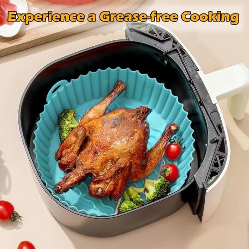 8 Inch Air Fryer Liners for Ninja AF100 AF101 AF141 AF150 AF161 XL (2 Pack) Black & Cyan Silicone Liners with Handles for 3–6 QT AirFryer COSORI, Gourmia and more – Reusable Nonstick Inserts