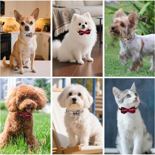 PUPTECK Puppy Collar with Bell XXS Dog Collar Charm Adjustable Bowtie Soft Leather for Cats Kittens Extra Small Dogs 2 Packs