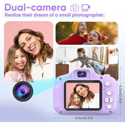 Seckton Upgrade Kids Selfie Camera, Christmas Birthday Gifts for Girls Age 3-9, HD Digital Video Cameras for Toddler, Portable Toy for 3 4 5 6 7 8 Year Old Girl with 32GB SD Card-Purple White